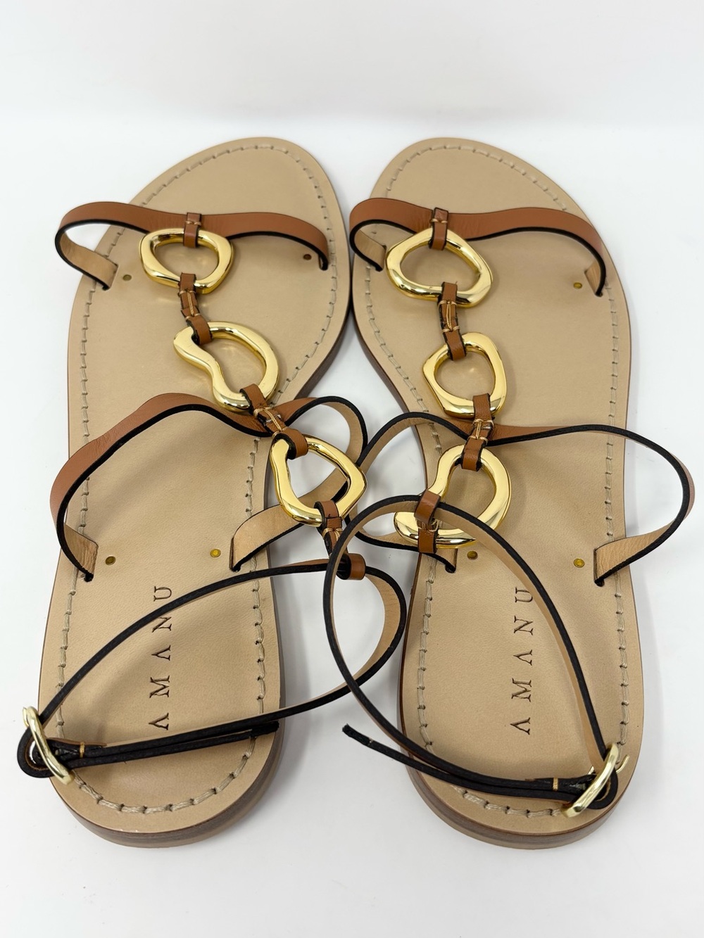 AMANU The Bazaruto Embellished Leather Sandals Cognac Gold Size 40 / 10 NWT - Picture 7 of 16